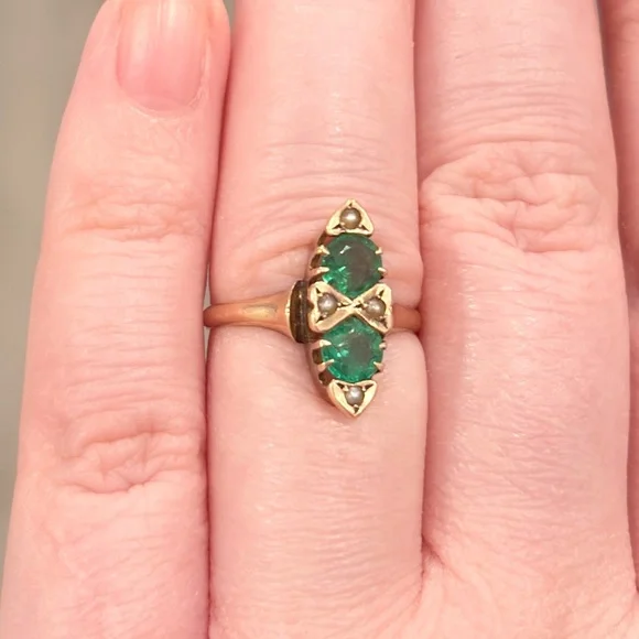 Antique Edwardian 10K Green Ring, Size 5.5, Rose Gold, Navette - Picture 7 of 17